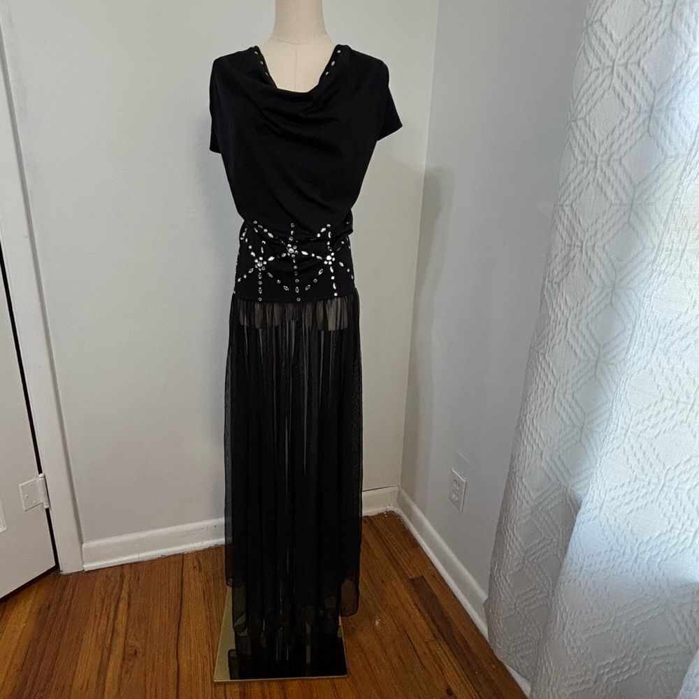Vtg Nom De Plume Black Mesh Maxi Dress M Whimsigoth Rhinestone Cowl Neck Goth - Picture 13 of 15